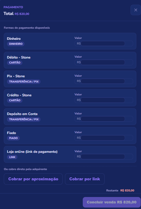 Tela de pagamento do Kanoo PDV: dinheiro, cartão, Pix, fiado, cobrança por aproximação e link
